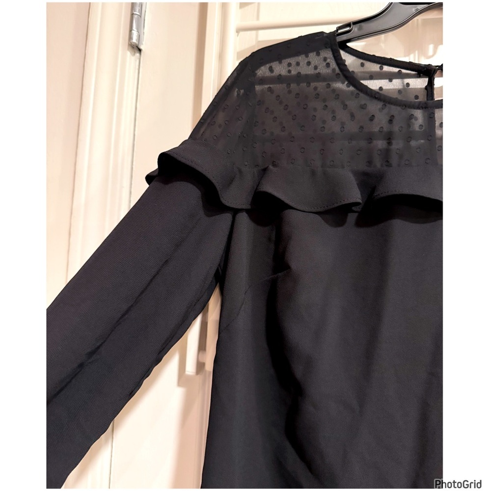 NWT Loft Black Sheer Dot Ruffle Yoke Dress Size 6P Petite Mini - Picture 3 of 9